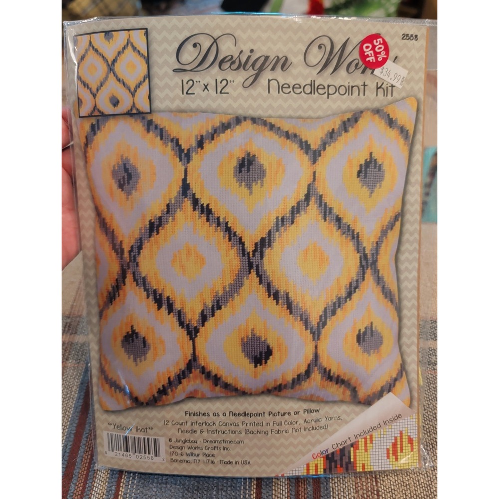 New Design Works Kit 12" X 12" Pillow Or Needlepoint Picture Yellow Ikat